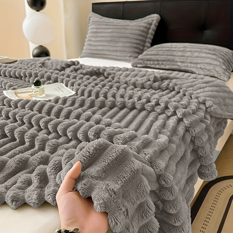 TEMU 1pc Ribbed Coral Fleece Blanket, No Pillowcase Or Insert Included, Solid Color Comfortable Sofa Throw For All , Machine Washable, Suitable For