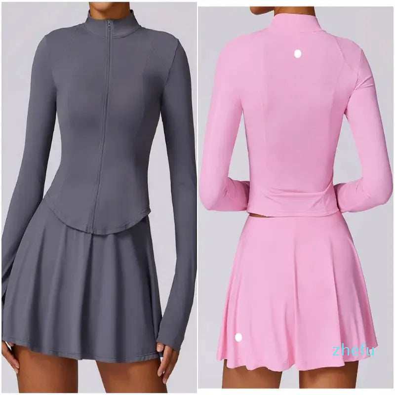 2024--Womens Sets Skirts Jackets Outfit Yoga Tennis Sport Running Long Sleeve Tops Skirt High Waist Sportwear Lined Elastic