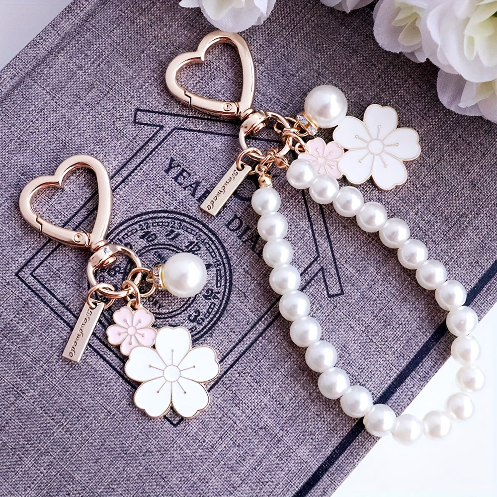 TEMU 2pcs Heart & Flower Pearl Keychains - Chic Metal Cartoon Charms For Purses, Handbags & Phone Accessories - Perfect Valentine's Gift