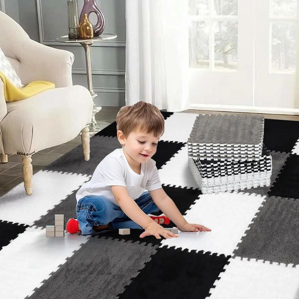 20pcs Soft Plush Baby Gym and Playmat with Interlocking Foam Floor Mat and Puzzle Toy for Infants and Toddlers Black grey 250210