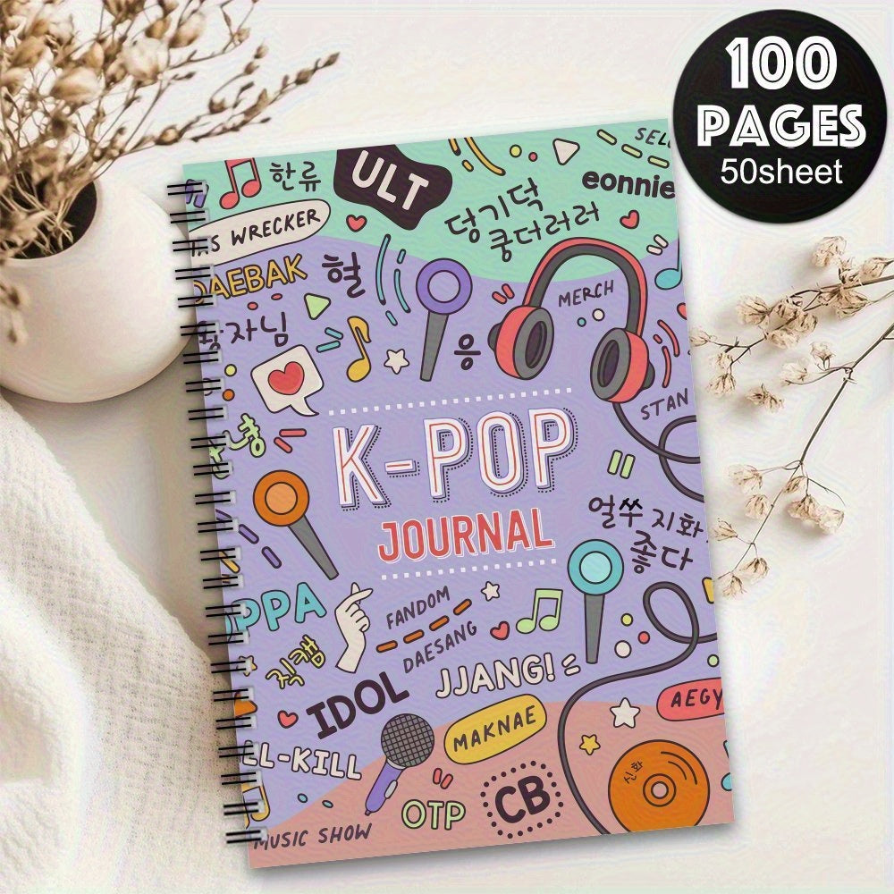 TEMU 1pc Diary Spiral Notebook - Vibrant Korean With Headphones And Music Elements, 100 Pages, Suitable For Travel, Work, School Or Gifts For Fans,