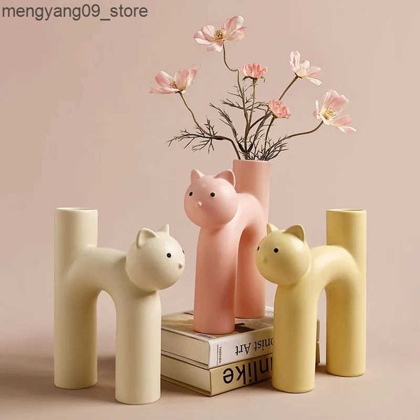 Vases Tube Shaped Cat Resin Vase Creative Cute Modern Minimalist Home Decoration Flower Vase J241210