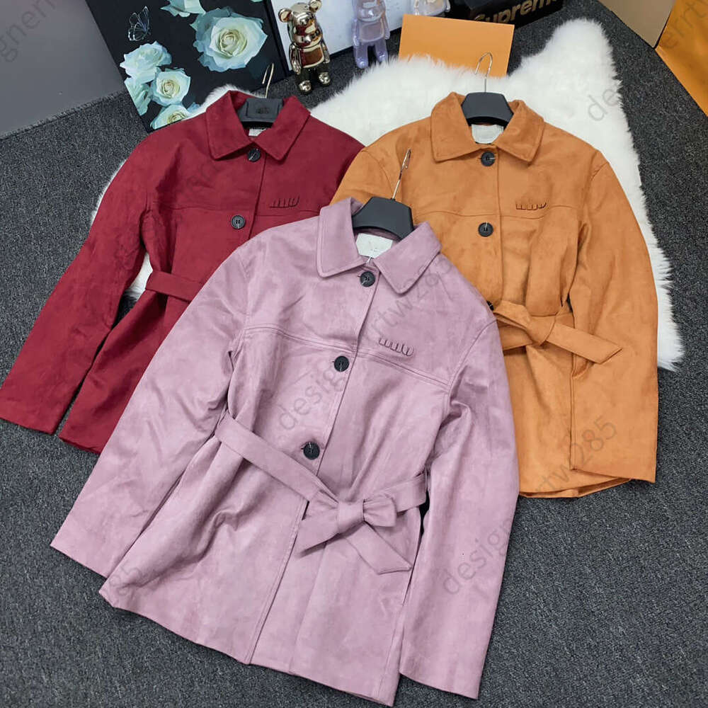 2025 Trendy Designer Women Suede Lapel Coat Single Breasted Self Tie Belt Embroidered Logo Detail Mid Length jackets womens Elegant Premium Quality
