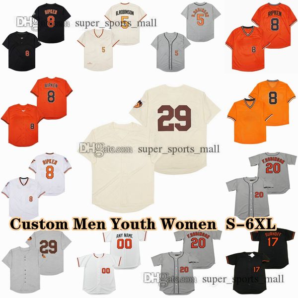 Custom S-6XL Vintage Baseball Jersey 8 Cal Ripken Jj Hardy Rafael Palmeiro Brooks Robinson Hoyt Wilhelm Bj Surhoff Jonathan Schoop Adam Jone