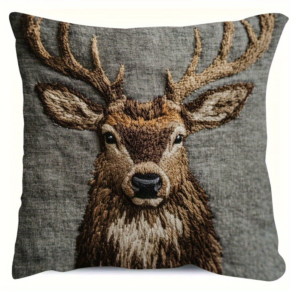 TEMU 1pc Vintage Deer Head 18x18 Inch Short Plush Pillowcase - Dark Grey With Natural Antler Detail, Zipper Closure, Machine Washable, Suitable For