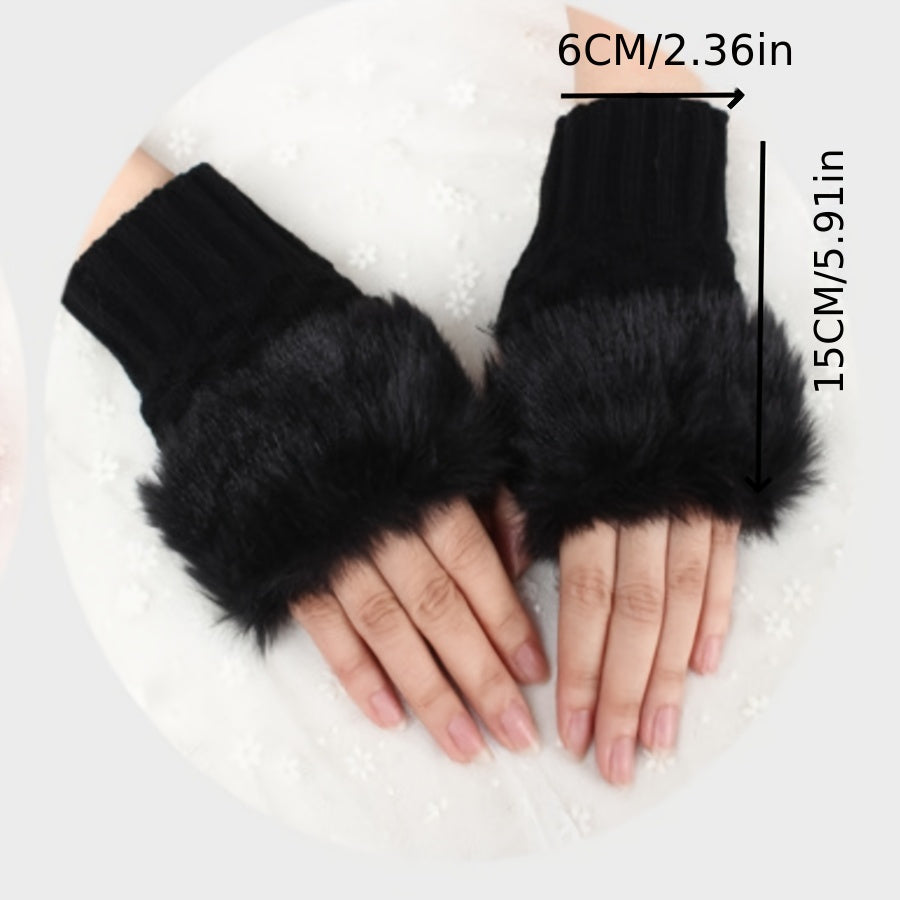 TEMU 1 Pair Women's Black Fingerless Gloves With Fur Cuffs - Winter Warm Warmers, Touchscreen Compatible For Smartphones-tablets, Stylish Hand Covers
