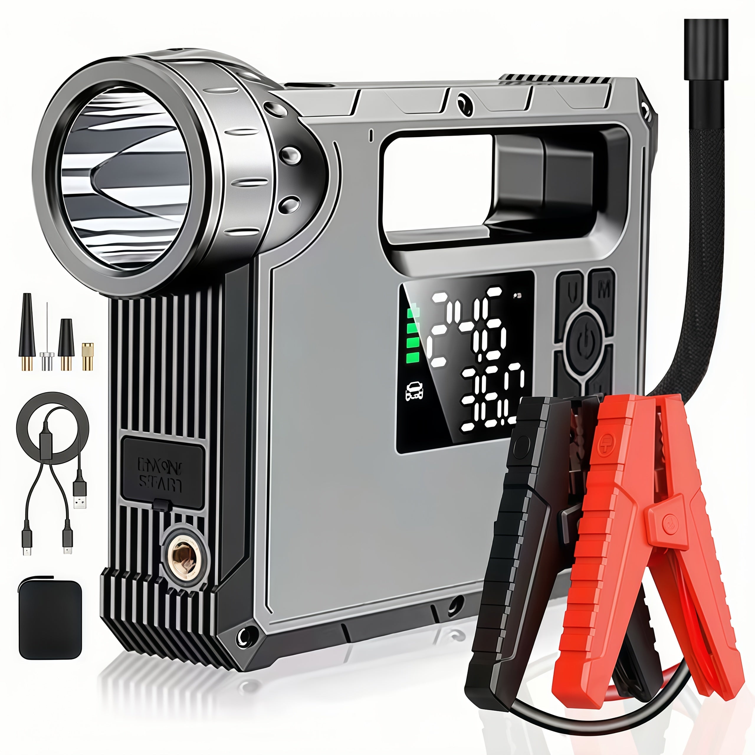 TEMU Gooracer 16000mah Car Jump Starter, 2000a For All Gas & Engines, 150psi Bank With Flashlight & Led Reading Light, Portable Tire Inflator,