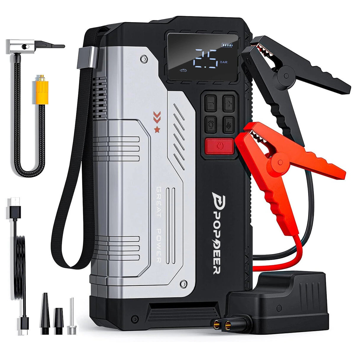 [EU Direct] POPDEER PD-JA1 20000mAh 5000A Professional Portable Car Jump Starter with Air Compressor suitable for gas en