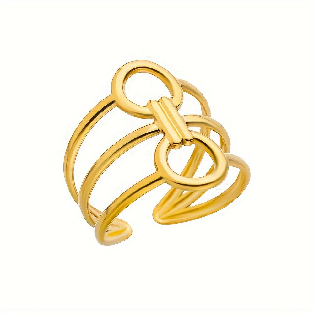 TEMU 1pc Women's Adjustable Stainless Steel Ring - Elegant Golden Layered Wedding, Stackable For Valentine's Day, Parties & Casual Attire, Versatile