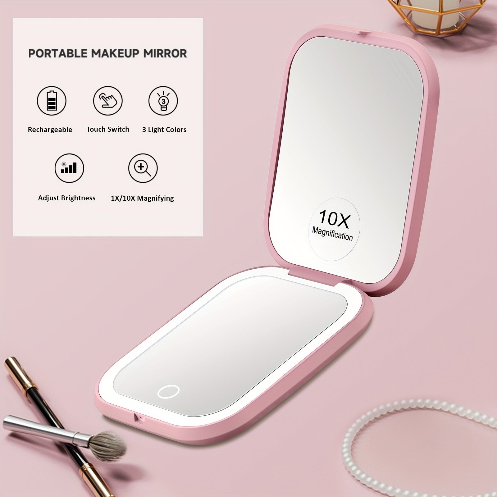 TEMU Acolar Led Lighted Makeup Mirror, Rechargeable Portable Hand Mirror, 10x, 3 Light Settings, Touch Control, Usb Charging, Polished Plastic, Desk