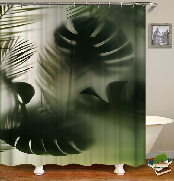 Tropical green leaf digital printed polyester waterproof shower curtain