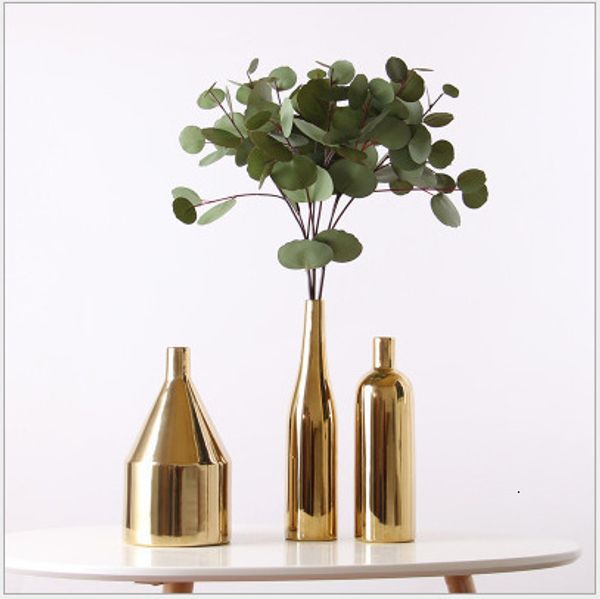 ddmygifts Golden Vase 3-Piece Set Nordic Ornament Home Living Model Room Arrangement Dry Ceramic Flower Utensils Modern and Simple A