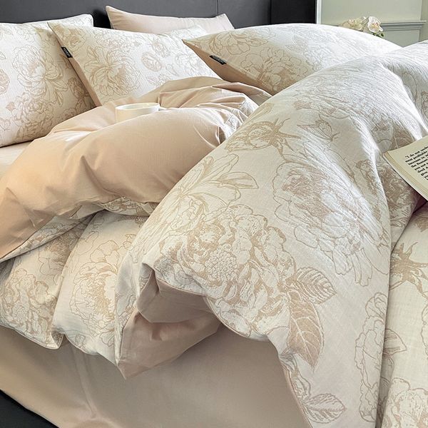 B418 Pure Cotton Double-Layer Yarn Four-Piece Set with Jacquard Quilt Cover and Simple Three-Piece Curtain