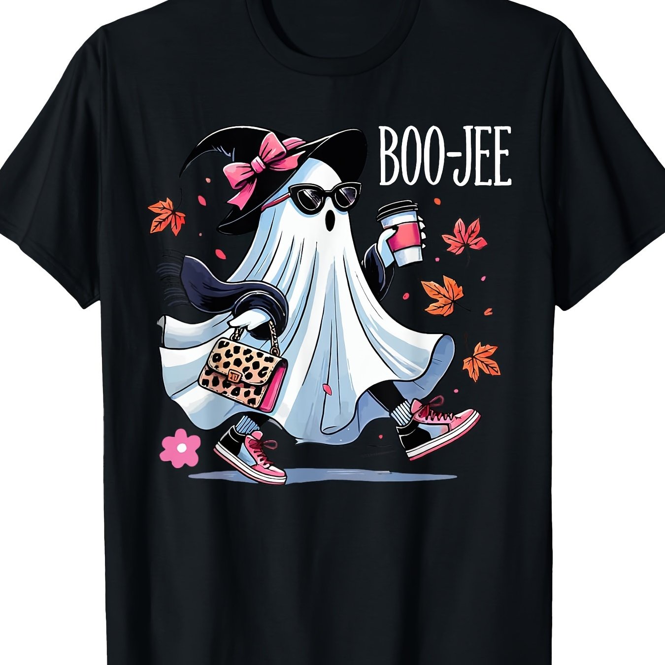 TEMU Women's Halloween T-shirt - Cute Boo-jee Graphic With Coffee Cup - Black Casual Tee For Halloween Parties & Casual Attire - Heavyweight 220gsm