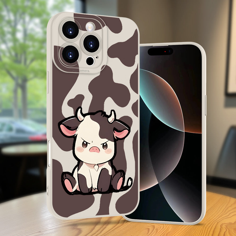 TEMU Simple Fashionable Creative Cute Cartoon Cow Pattern Trendy Frosted Texture Anti-Drop Phone Case for iPhone 16E, 15, 14, 13, 12, 11, XS, XR, X,