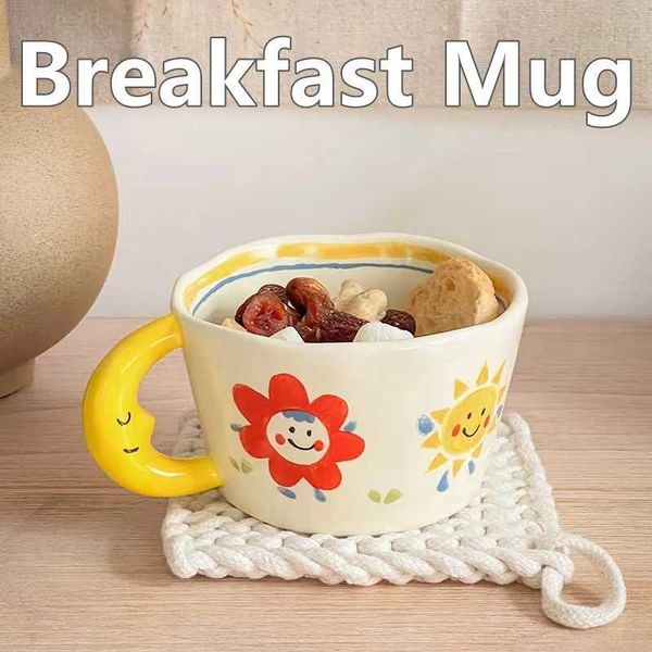 Ceramic Mug Lovely Hand Painted with Moon Handle Creative Breakfast Cup Kitchen Drinkware Milk Tea Coffee Mugs for Birthday GiftT250211