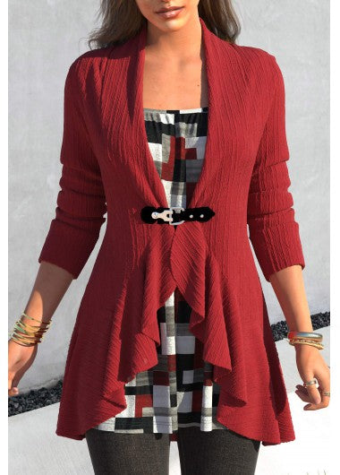 Modlily Wine Red Fake 2in1 Geometric Print T Shirt - XXL