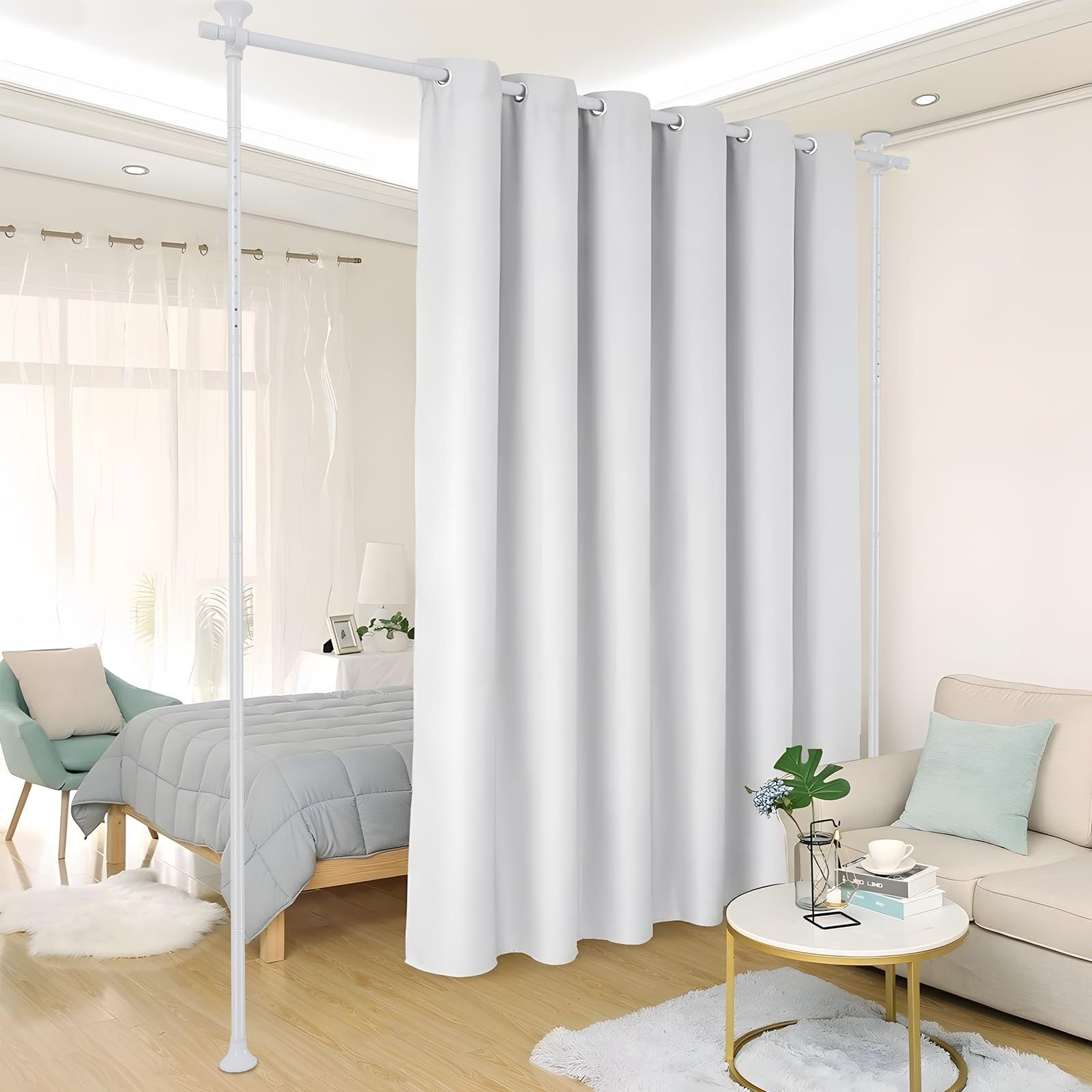 TEMU Yeyebest Room Divider, 28-70 Inch (w), 48-120 Inch (h) No Drilling Curtain Rods For Room Separation, Adjustable Heavy Duty Floor To Ceiling