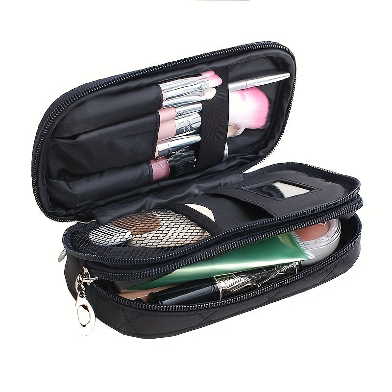 TEMU Women's Compact Makeup Organizer Bag - Portable Cosmetic Case With Double-layer Compartments, Large Capacity Makeup Brush Holder & Mirror,