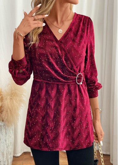 Modlily Wine Red Velvet Long Sleeve V Neck Blouse - M