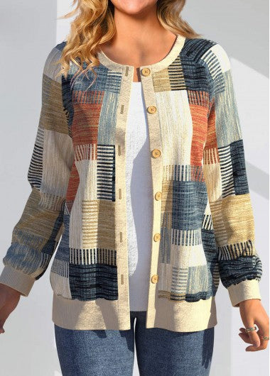 Modlily Multi Color Button Geometric Print Long Sleeve Cardigan - L