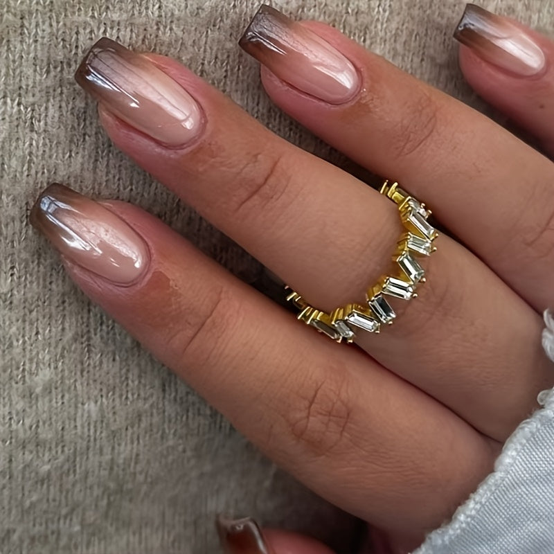 TEMU 24pcs Elegant Gradient Press-on Nails - Medium Length, Brown To White Ombre Design, Glossy Finish, Perfect For Casual Attire, Cute Nails