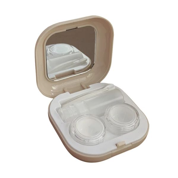 Simple Round Contact Lenses Case with Mirror Square Portable Makeup Eye Lenses Box Holder Container for Cosmetic Contact Lens