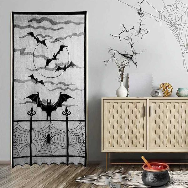 New Halloween Black Bat Window Curtain Spider Web Bats Short Curtain For Window Door Kitchen Living Room Party Decor Y240817