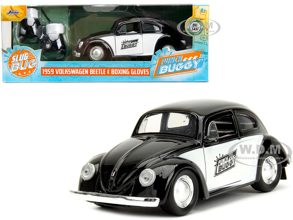 1959 Volkswagen Beetle "Punch Buggy" Black and White and Boxing Gloves Accessory "Punch Buggy" Series 1-32 Diecast Model Car by Jada