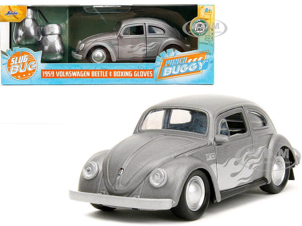 1959 Volkswagen Beetle Gray Metallic with Silver Flames and Boxing Gloves Accessory "Punch Buggy" Series 1-32 Diecast Model Car by Jada