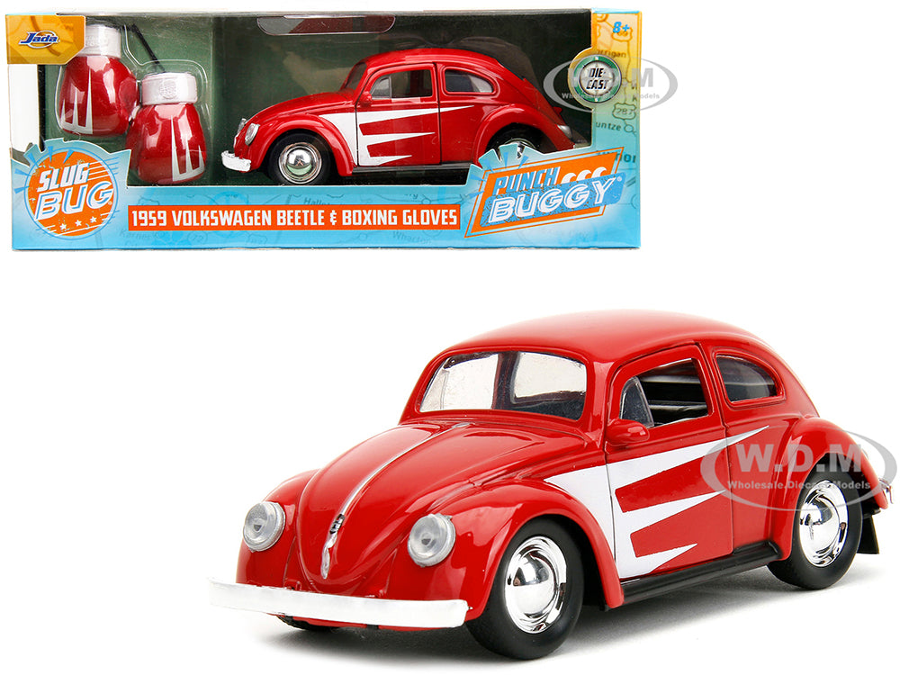 1959 Volkswagen Beetle Red with White Graphics and Boxing Gloves Accessory "Punch Buggy" Series 1-32 Diecast Model Car by Jada
