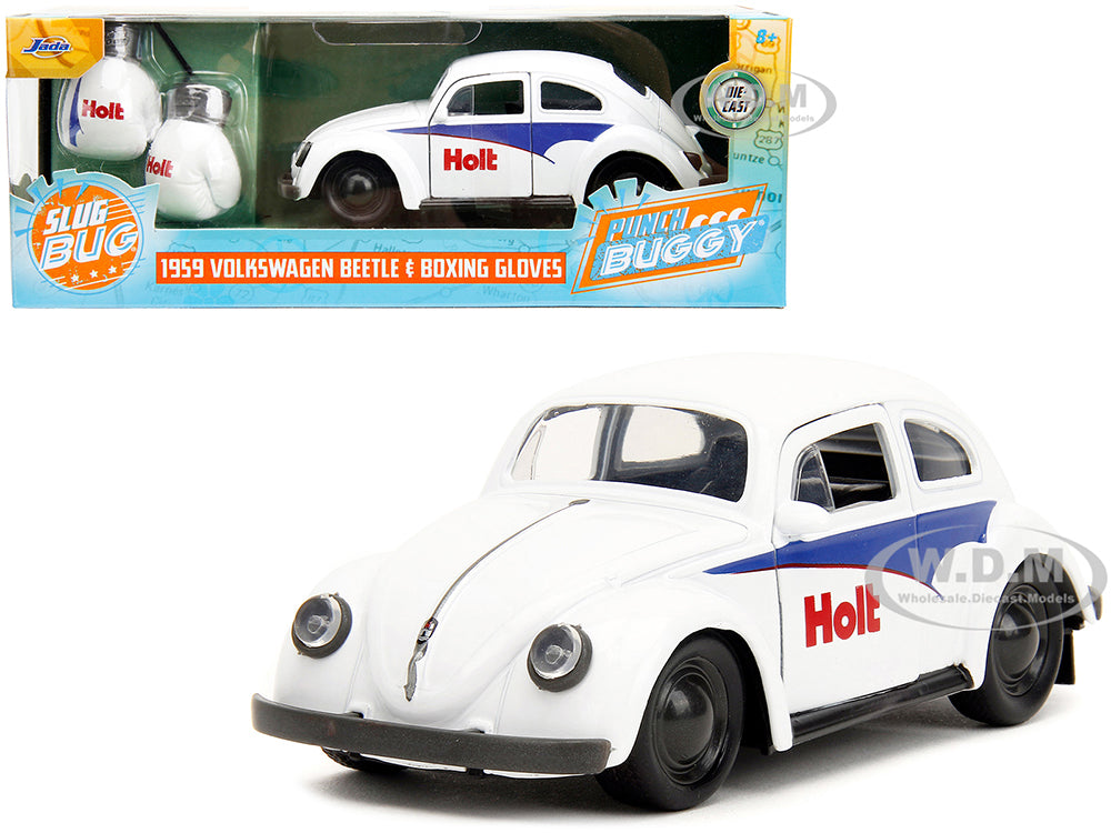 1959 Volkswagen Beetle "Holt" White with Blue Graphics and Boxing Gloves Accessory "Punch Buggy" Series 1-32 Diecast Model Car by Jada