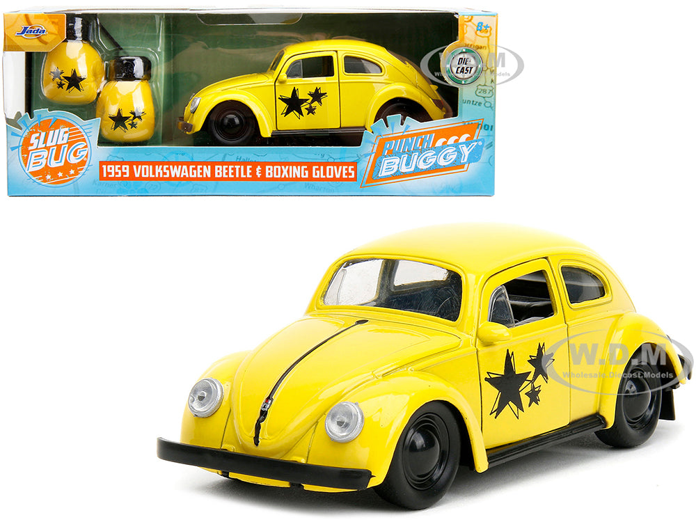 1959 Volkswagen Beetle Yellow with Black Graphics and Boxing Gloves Accessory "Punch Buggy" Series 1-32 Diecast Model Car by Jada