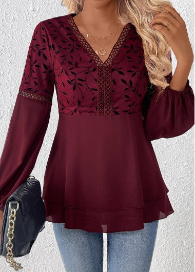 Modlily Wine Red Patchwork Leaf Print Long Sleeve Blouse - L