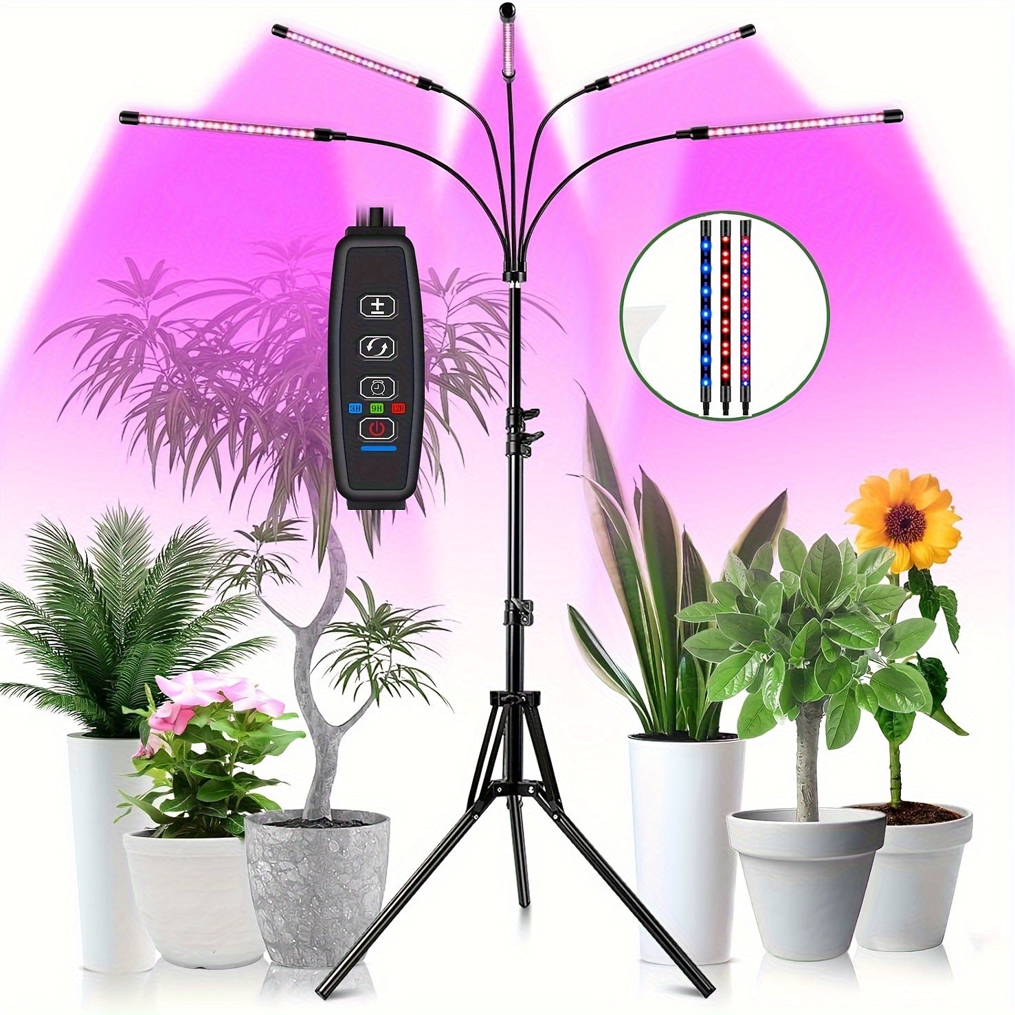 TEMU Grow Light With Stand, For Indoor Plants With Red , 10 Dimmable Brightness, 3-9-12h Timer, 3 Switch , Adjustable Gooseneck, Suitable For Plants
