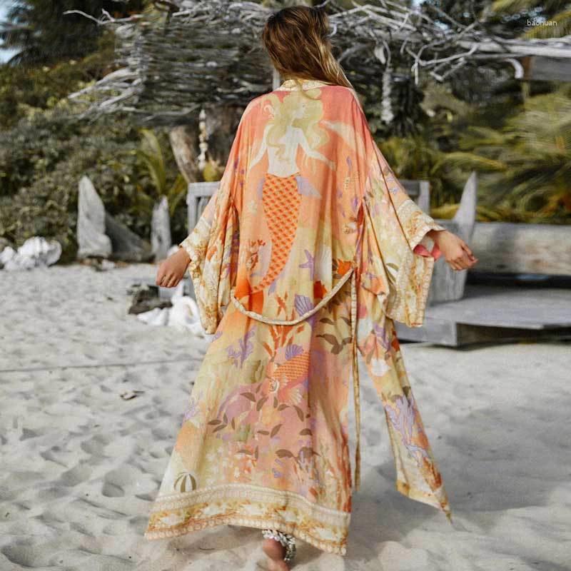Womens Blouses AYUALIN Floral Print Kimono Cardigan Long Blouse Fer Women Swim Cover Up Summer 2024 Boho Kaftan Beach Femme Vestidos