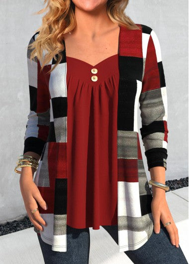 Modlily Wine Red Geometric Print Fake Two Piece Twinset - XXL