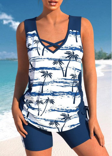 Modlily High Waisted Plus Size Criss Cross Navy Tankini Set - M