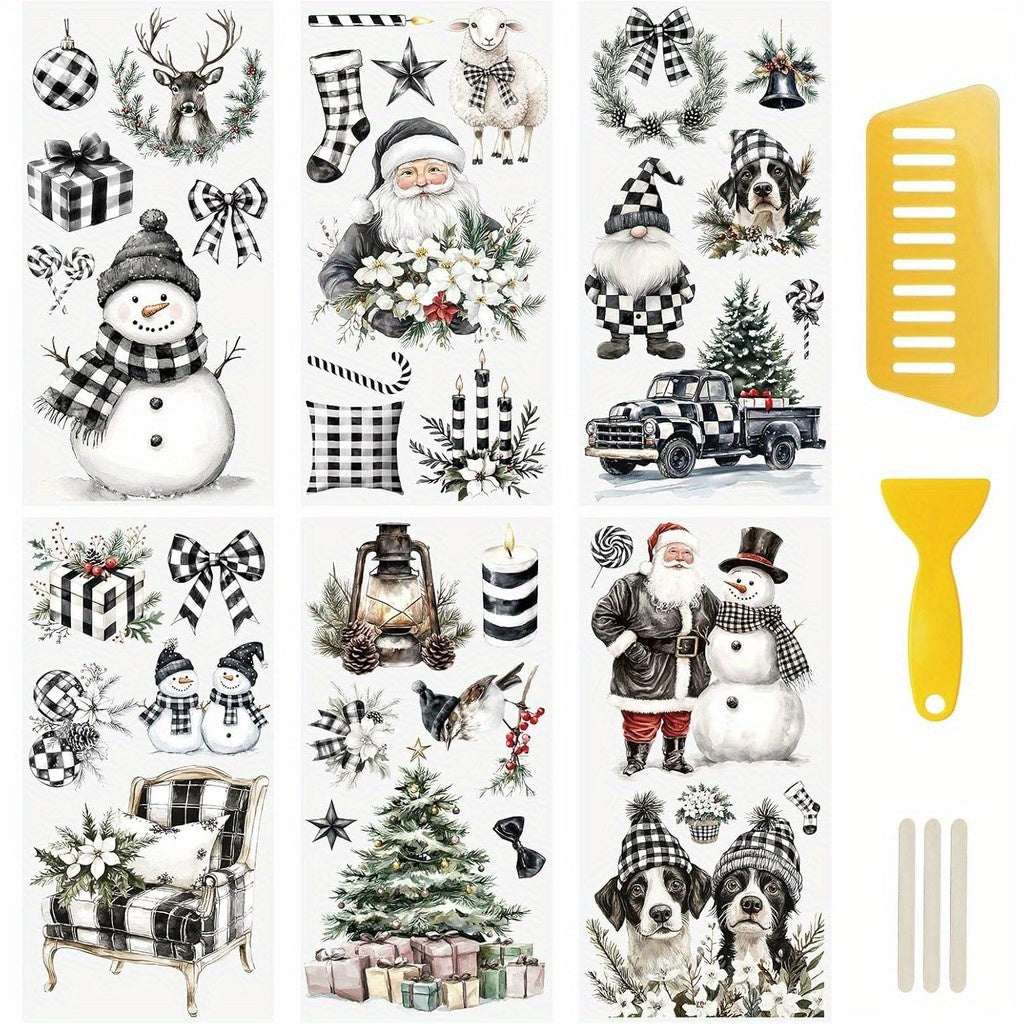 TEMU 6pcs Christmas Black And White Pattern Rub On Transfer Stickers, Christmas Theme Transfer Decals For Diy Scrapbooking Photo Albums Furniture