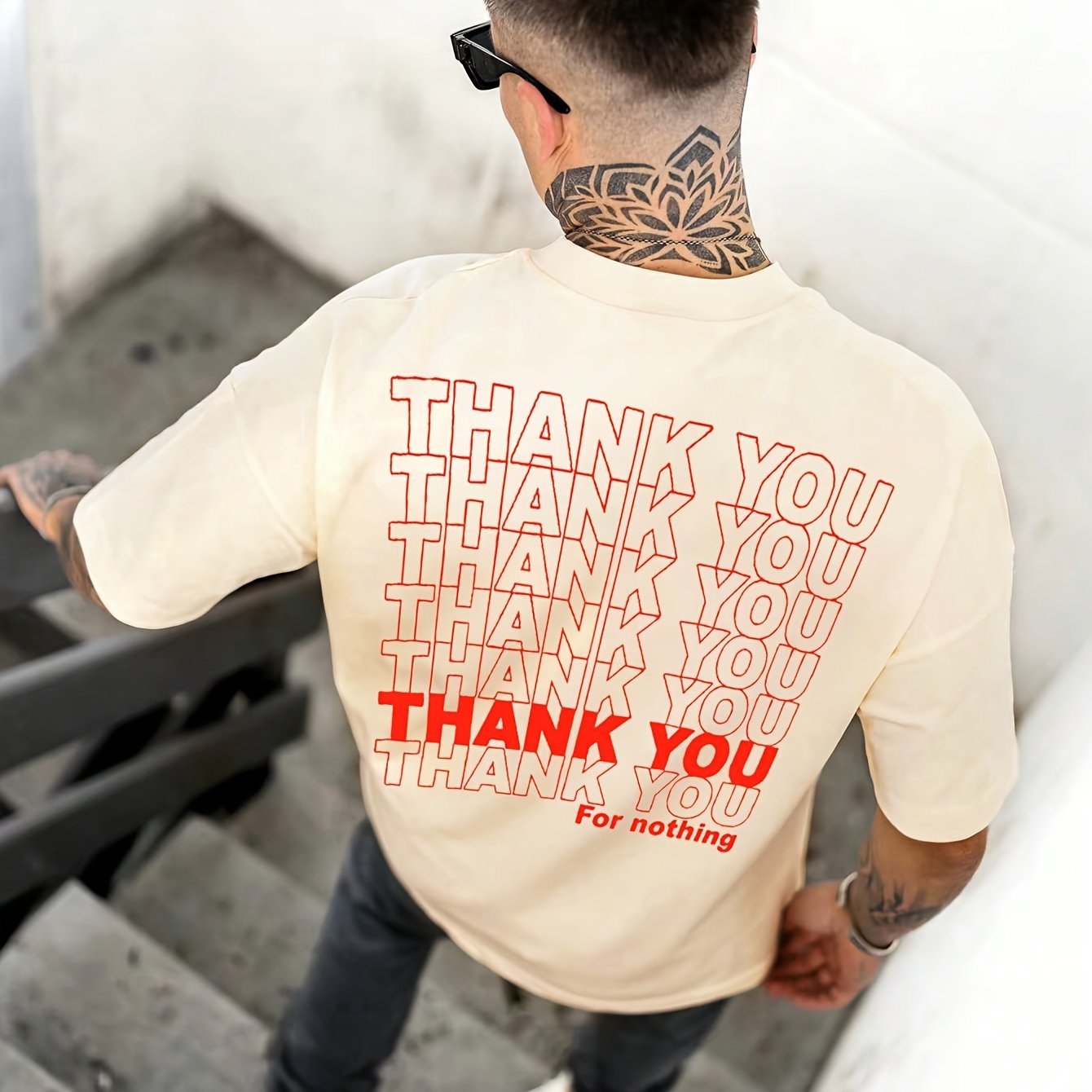 TEMU Men's "thank You" Graphic Tee - Casual Crew Neck, Breathable Polyester, Summer Short Sleeve T-shirt With Lettering On Background, Tee Shirts