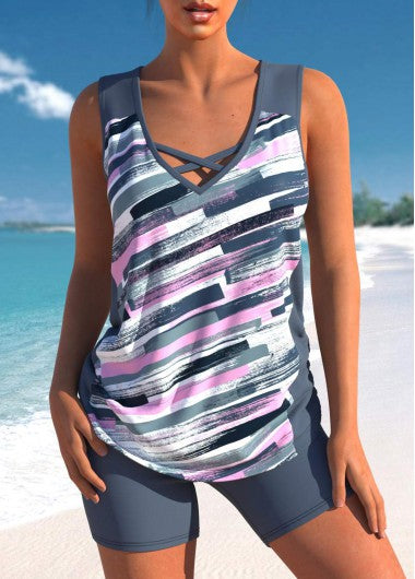 Modlily Drawstring Mid Waisted Graffiti Print Dark Grey Tankini Set - S