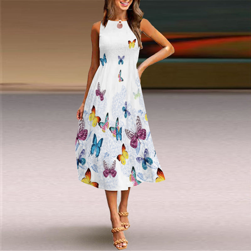 B387 European and American sleeveless long dress female casual printed big swing skirt Bohemian beach long skirt