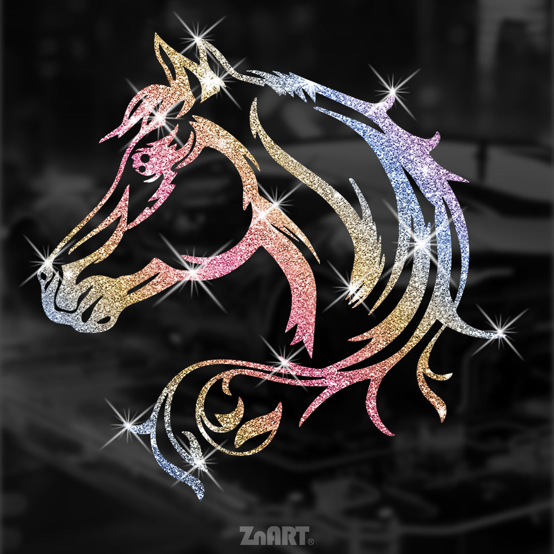 TEMU 1pc Zn Art Horse Head Glittering Vinyl Decal Sticker - No Residue Removable, Pink-golden-blue-purple--gray-beige Sparkling Car Sticker For Cars,