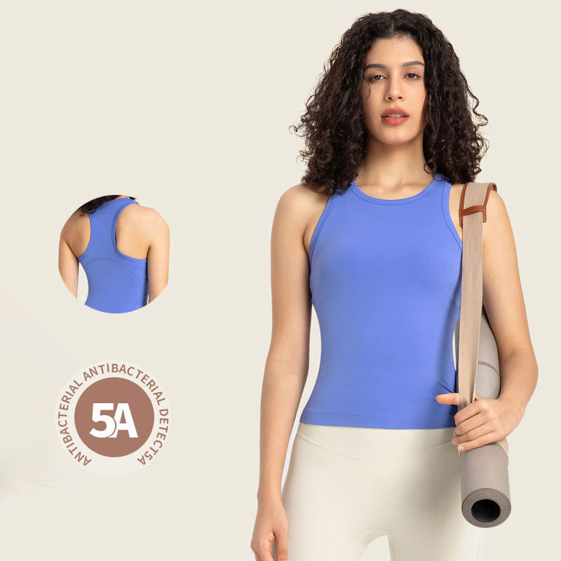 343- Sleeveless Shirt Vest High Crew Neck Tank Tops Yoga Shirts Anti-Bacterial and Deodorizing Sportswear Nude Feeling Running Smock Breathable Swea
