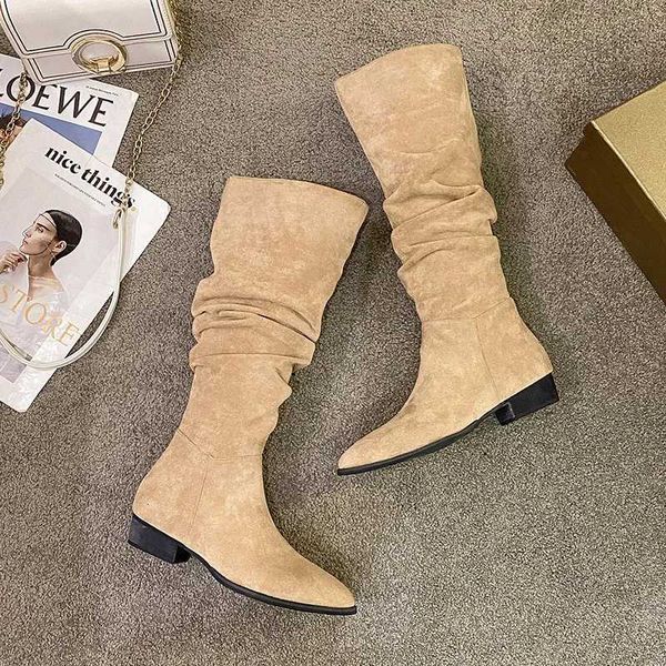 Boots New Pleated Boots Women Black Nude Faux Suede Flock Knee High Boot Ladies Flat Autumn Winter Dress Shoe 40 Solid Slip on Botas J241104