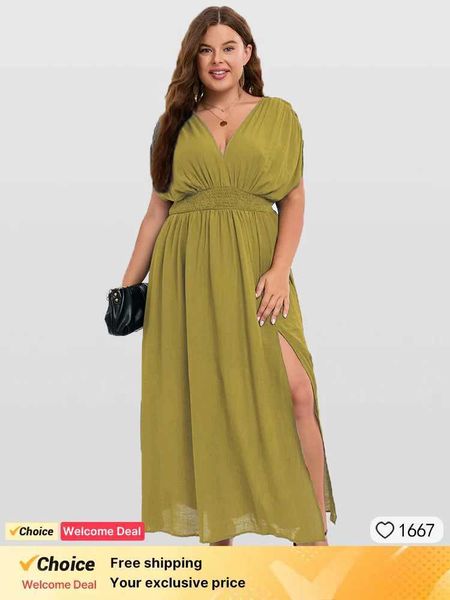 Plus size Dresses Plus Sized Clothing Women Elegant Maxi Dress with Pockets V Neck Dolman Slve Split Shirred Ruched Waist Tie Back Formal Dr
