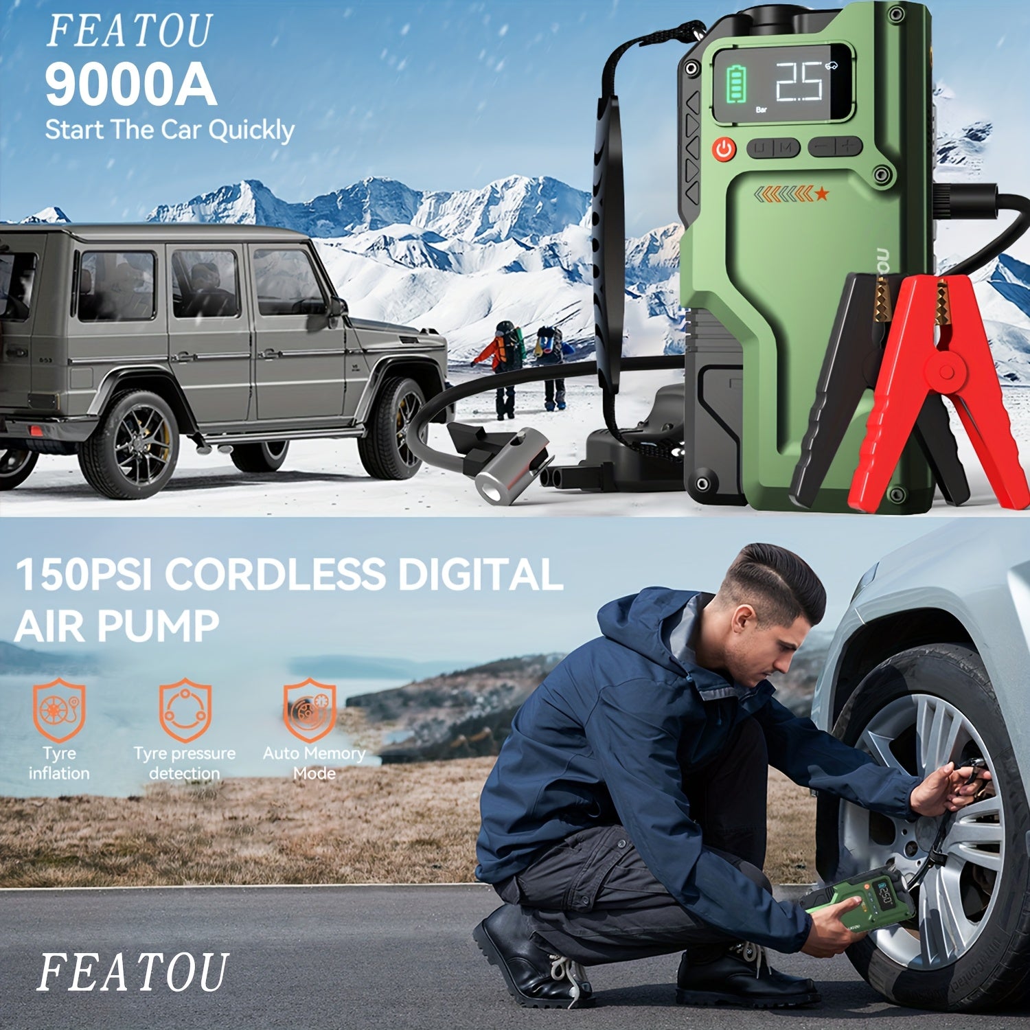 TEMU 9000a Jump Starter With Air Compressor, 5in 1 Function Jump Box 150psl Jumpstarter Battery Pack With Digital Tire Inflator, Car Battery Charger