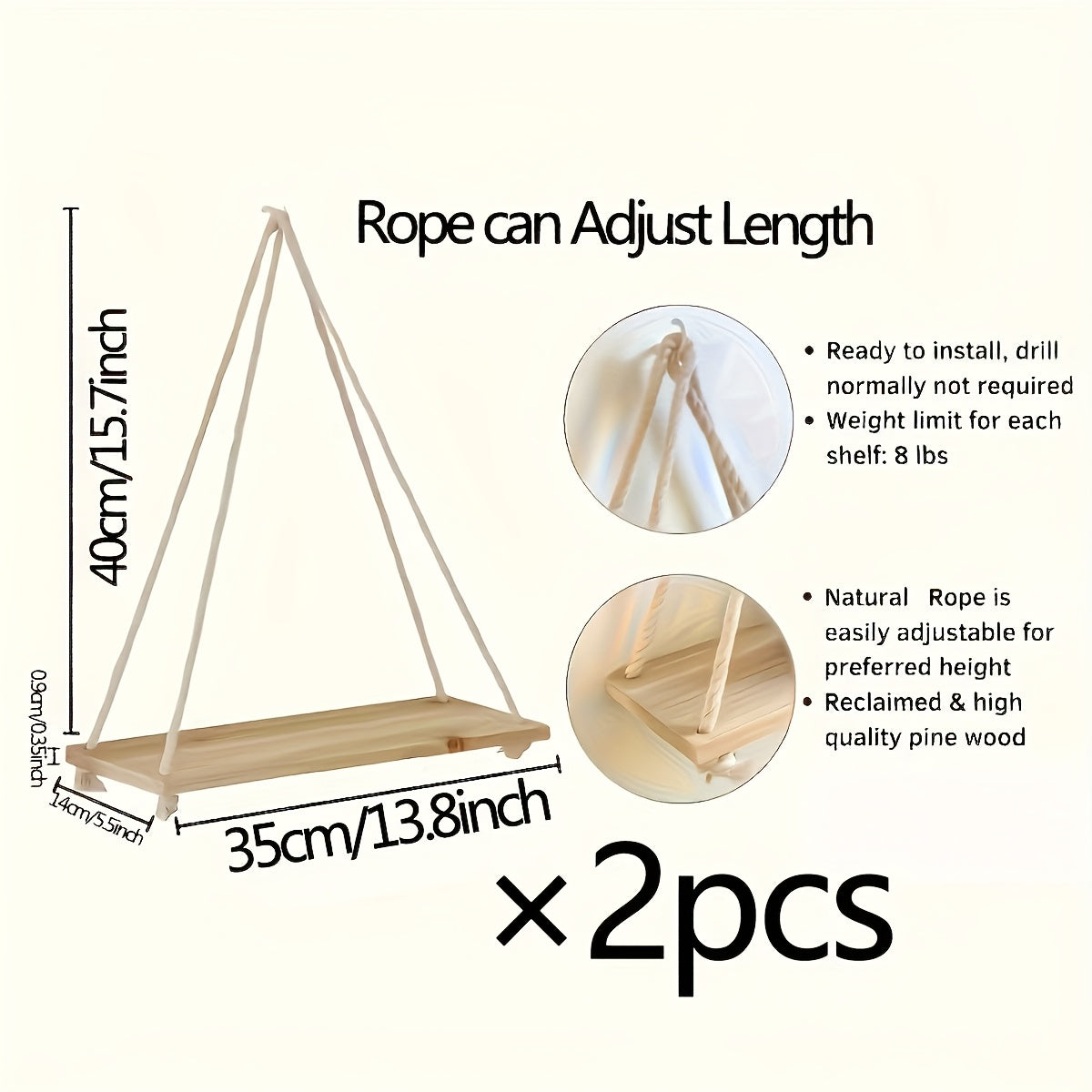 TEMU 1pc Or 2pcs Bohemian Hanging Shelves - Design With, For Plants, Books, Decor - Indoor-outdoor Floating Shelf - , Boho Decor - With Included