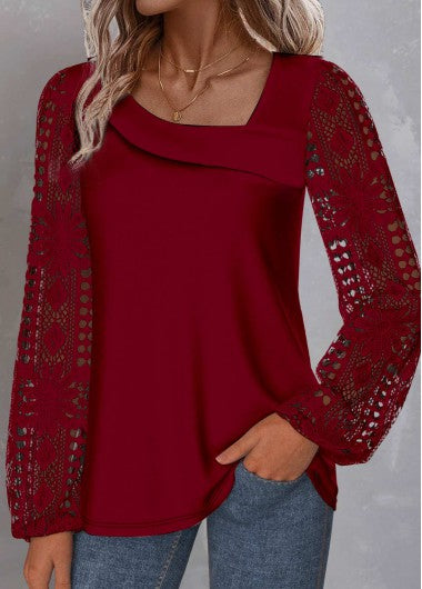 Modlily Wine Red Lace Plus Size Long Sleeve Blouse - M