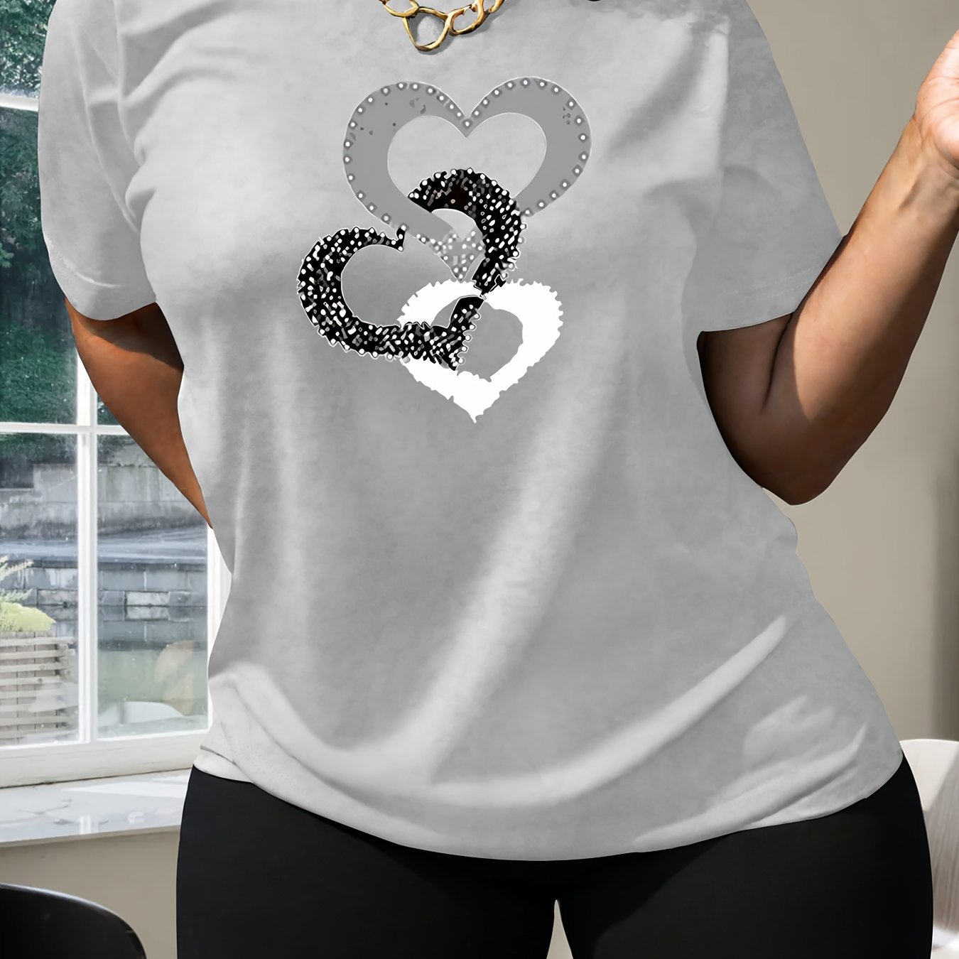 TEMU Fall Women's Casual Heart-shaped Printed T-shirt, Round Neck, Short Sleeves, -shirt, Machine Washable, Suitable For Outdoor, Indoor Leisure,